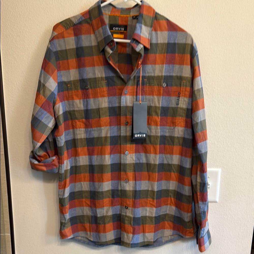 Orvis Men's Casual Plaid Shirt in Orange, Blue, and Gray